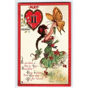 Tuck Postcard Dwig Gemini Fancy Fashion Lady Butterfly Zodiac May Horoscope 128